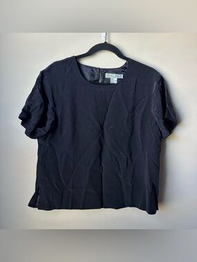 Stephanie Andrews 100% Silk Blouse Women's 14 Black Short Sleeve minimalist Top